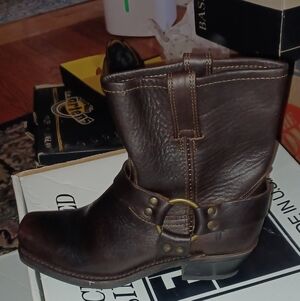 Frye Tan Leather Harness Heeled Boots with Buckle
